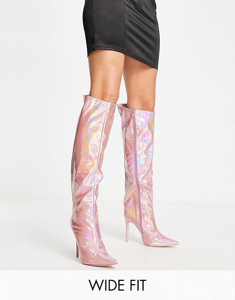 Public Desire Wide Fit Independent metallic knee boots in pink